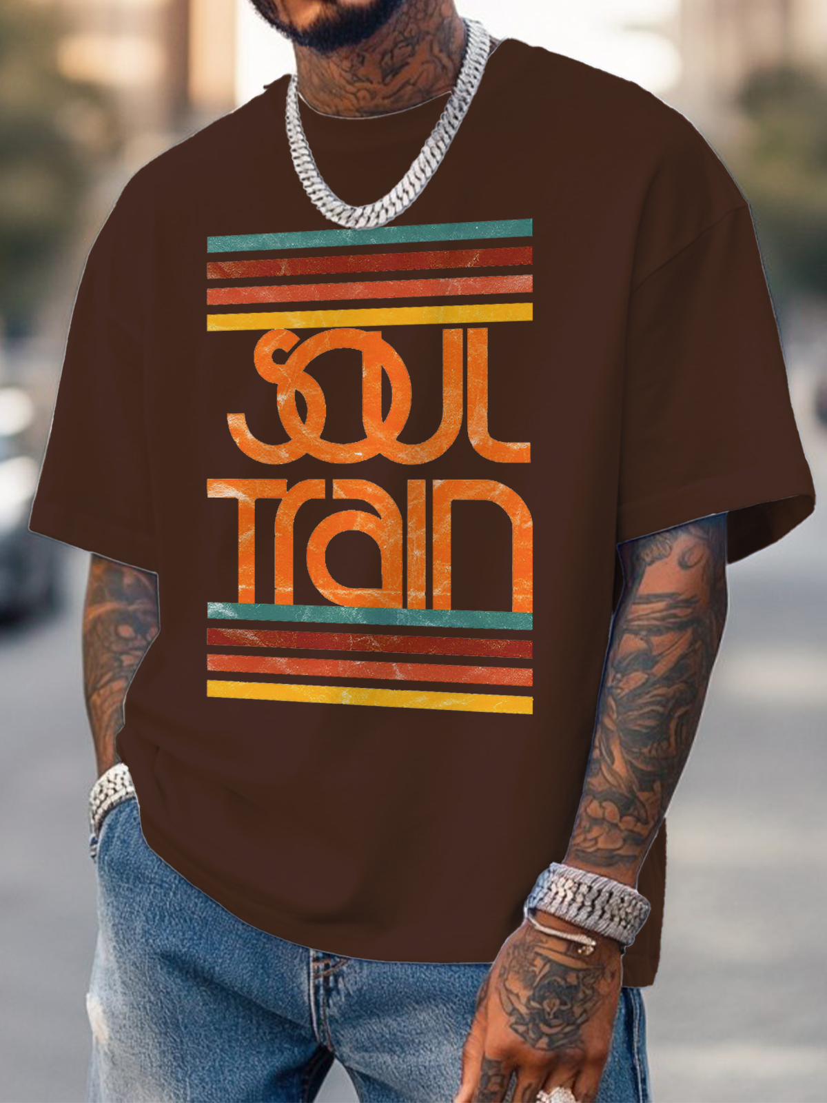 Men's Soul Train Striped Print Cotton Casual T-Shirt