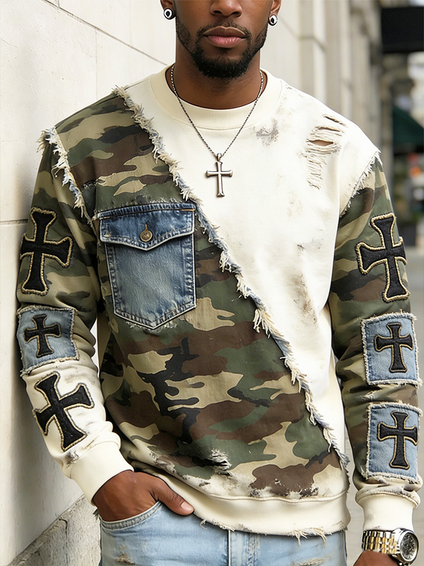 Men'S Faith Camouflage Denim Faux Pocket Patchwork Print Art Print Casual Sweatshirt