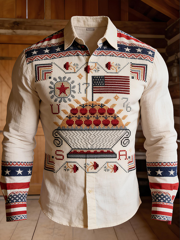Men's Vintage Cross Stitch American Flag 1776 Fruit Bowl Art Print Long Sleeve Shirt