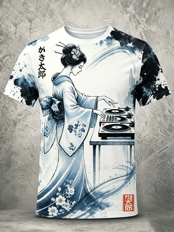 Men's Ink Painting Geisha DJ Japanese Art Print T-Shirt