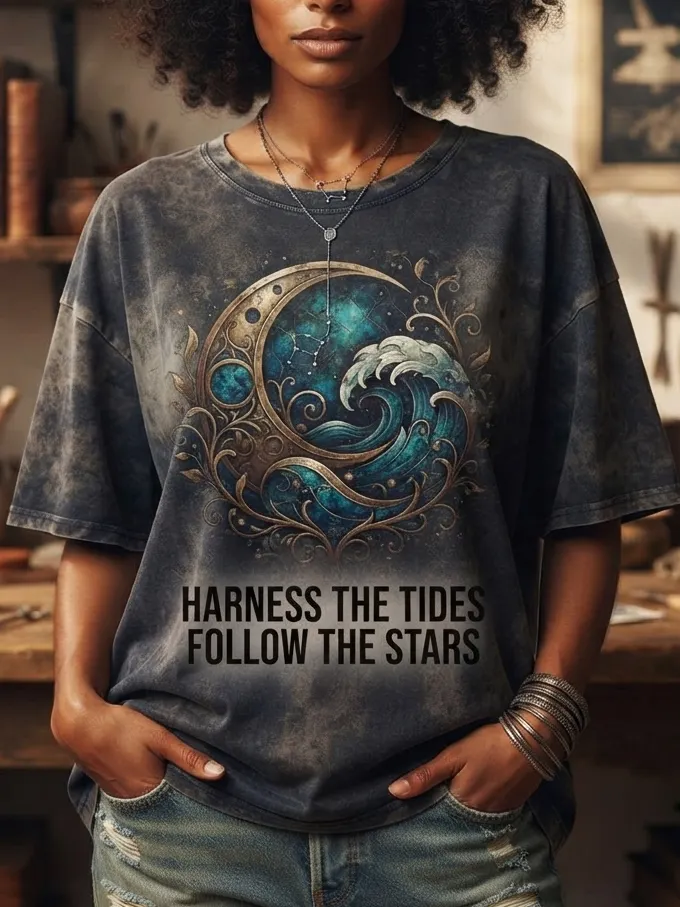 Women's Tie Dye Vintage Crescent Moon Ocean Wave Star Constellation Harness The Tides Art Print Casual T-Shirt