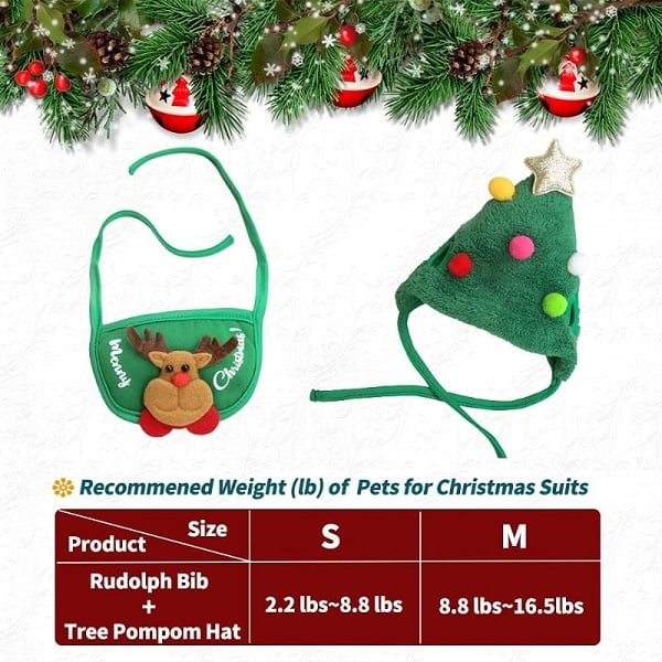 Dog and Cat Christmas Matching Costumes-Tree Pompon Hat & Reindeer Bib Set