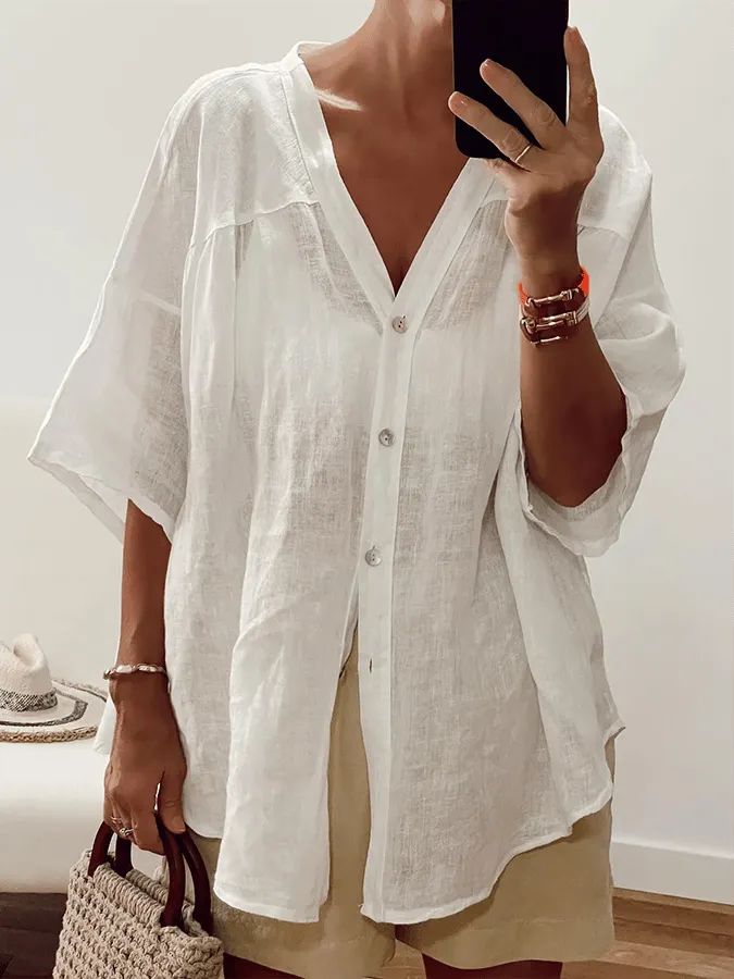 Women's Solid Color Loose Casual V-Neck Shirt
