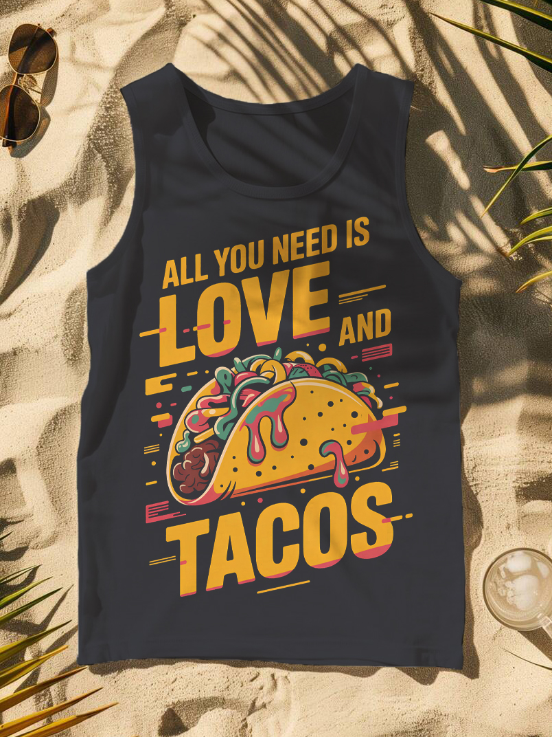 Men's All You Need Is Love And Tacos Print Cotton Tank Top