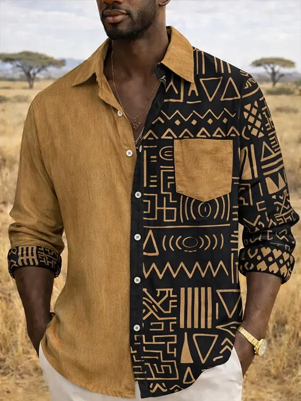 Men's Retro African Tribal Geometric Motifs Print Long Sleeve Shirt