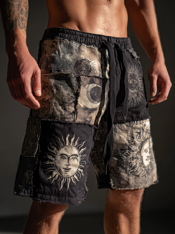 Men's Mysterious Sun And Moon Boho Hippie Patchwork Print Casual Shorts