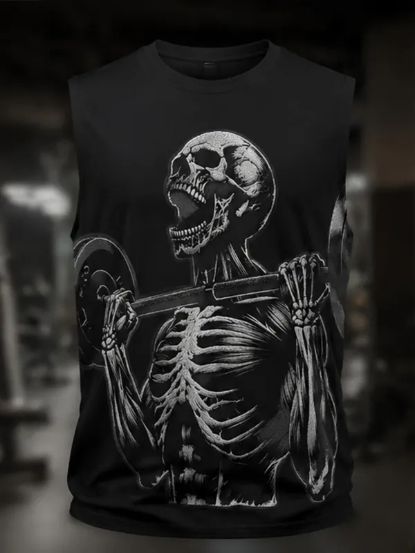 Men's Skeleton Weightlifting Gym Art Print Tank Top