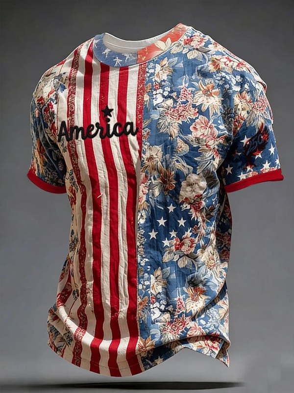 Men's American Flag And Floral Print America T-Shirt