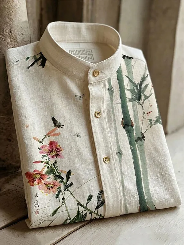 Men's Ink Art Bamboo Flowers Print Long Sleeve Shirt