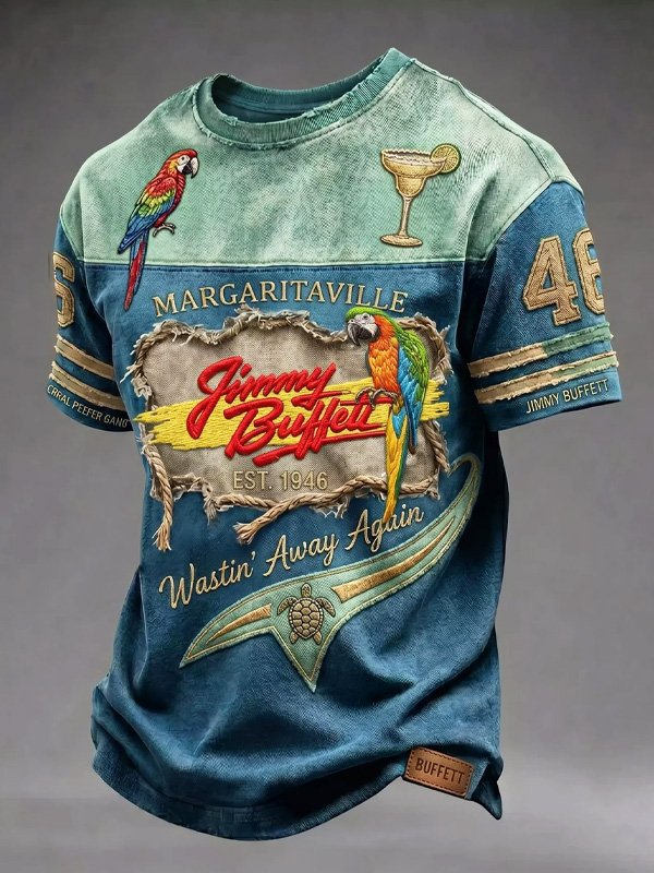 Men's Vacation-style Parrot Turtle Cocktail Print Casual T-Shirt