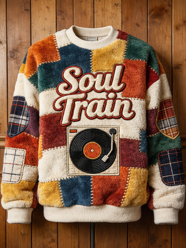 Men's Record Soul Train Colorblock Patchwork Print Casual Flannel Sweatshirt