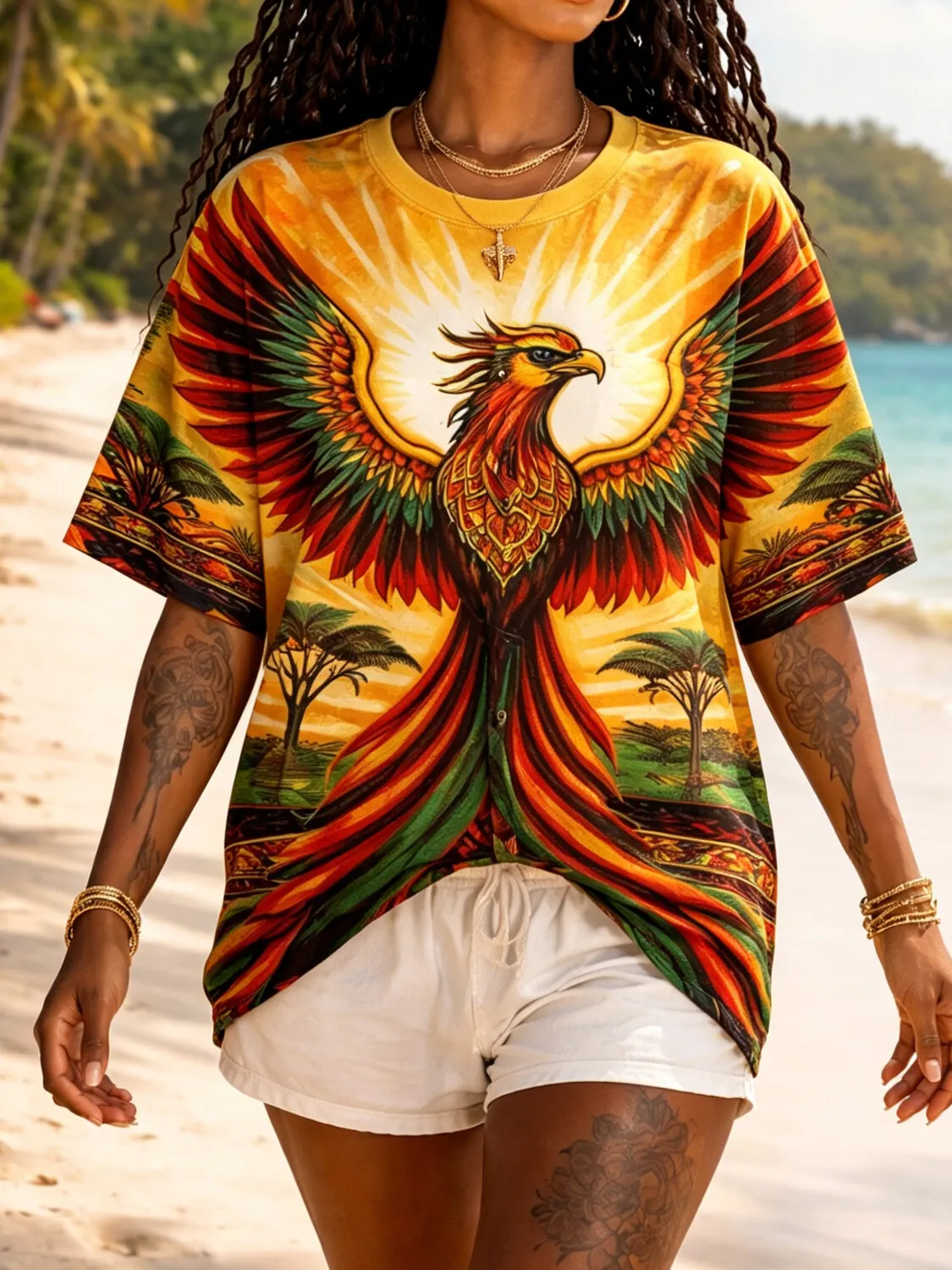Women's Spread Wings Phoenix Palm Tree Tropical Beach Landscape Art Print Casual T-Shirt