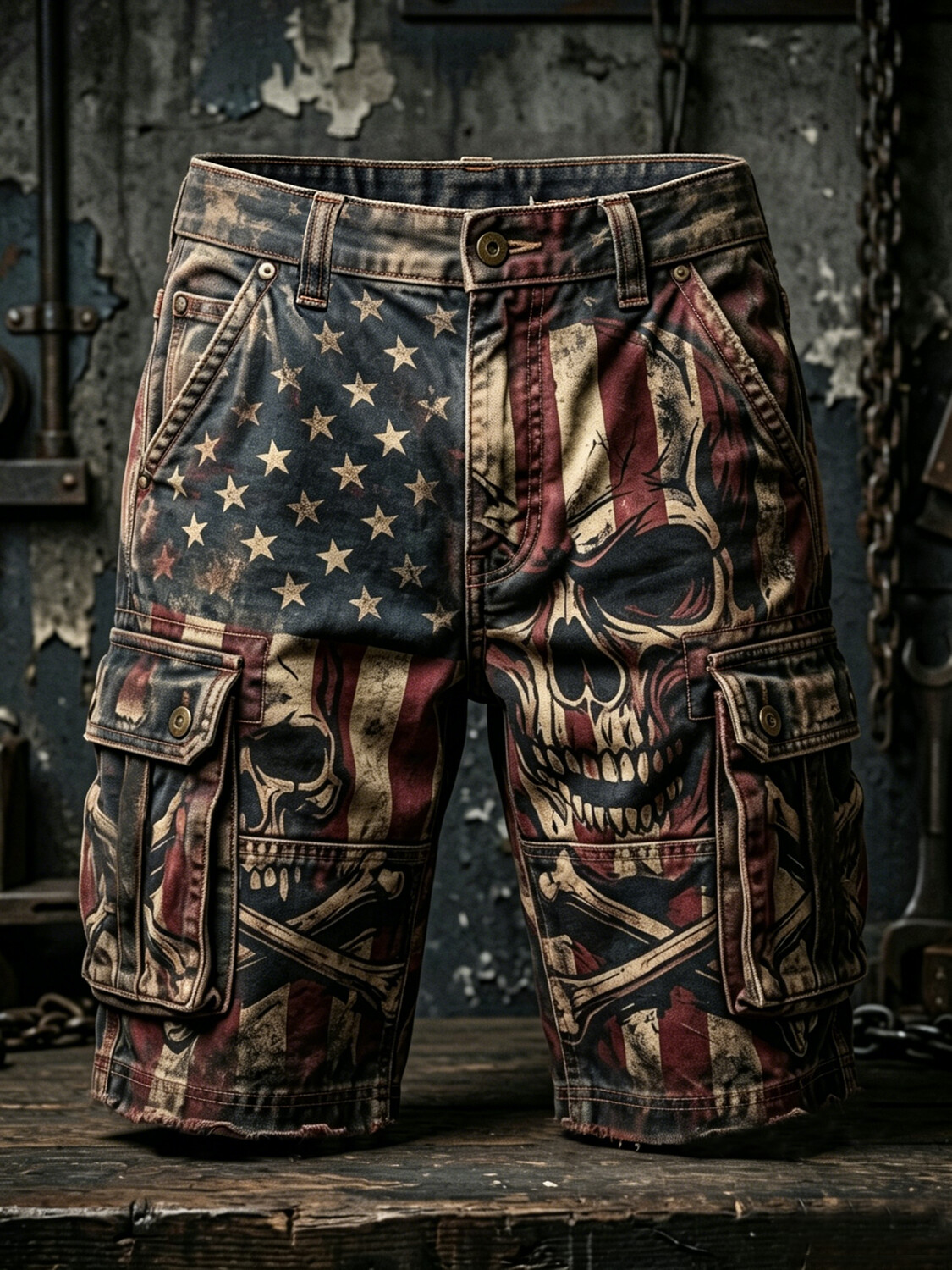 Men's Retro Skeleton Dark Art American Flag Print Casual Shorts