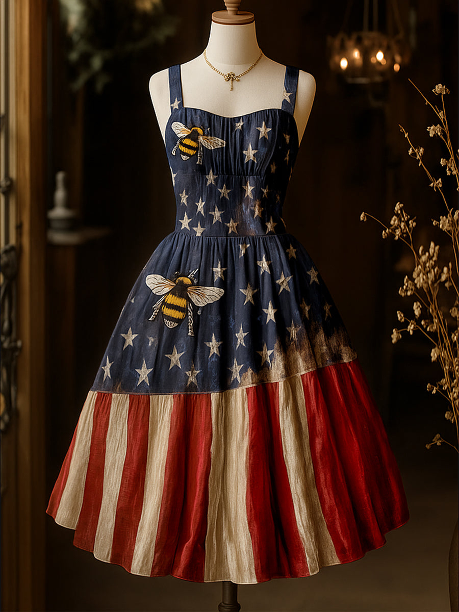 Women's American Flag Bee Art Print Cami Midi Dress