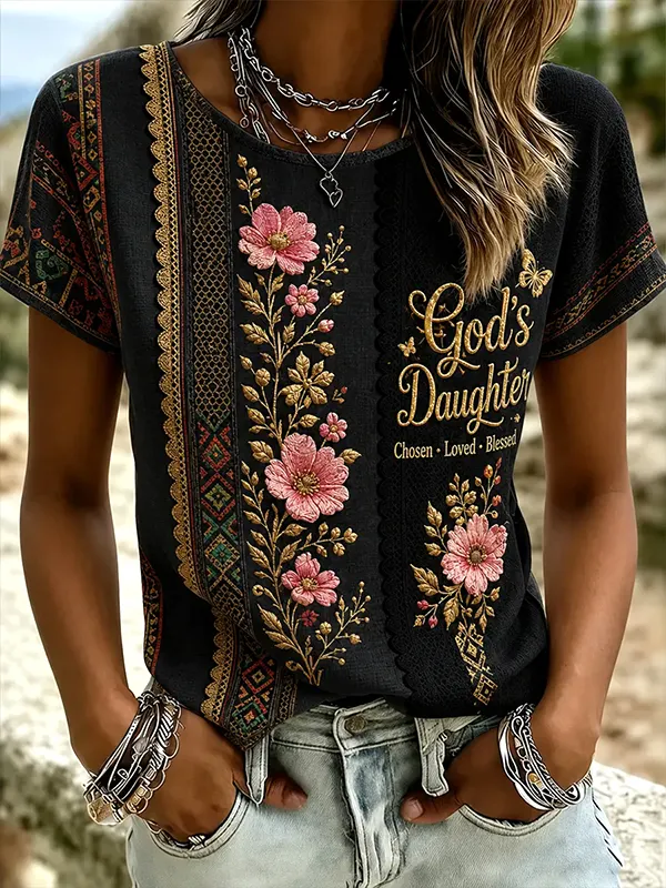 Women's Vintage Floral Faith God's Daughter Print Casual T-Shirt
