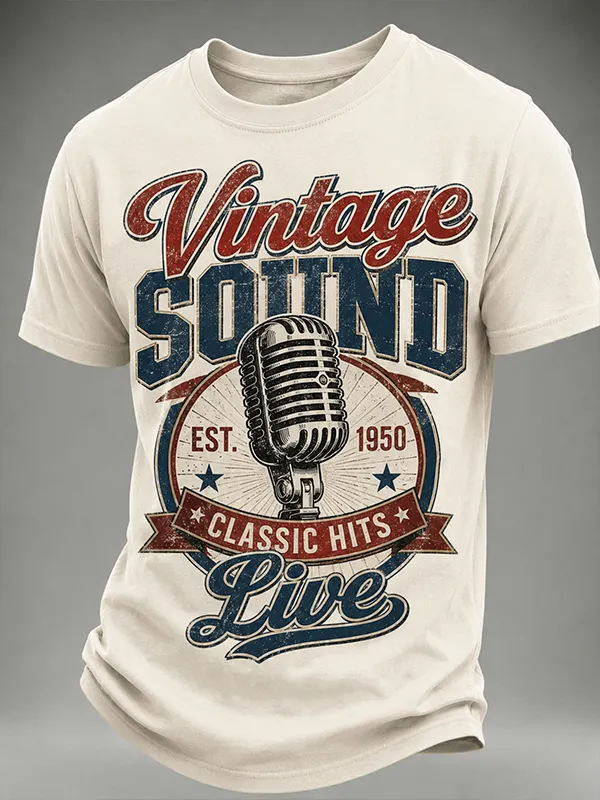 Men's Vintage Sound Live Music Print Cotton Casual T-Shirt
