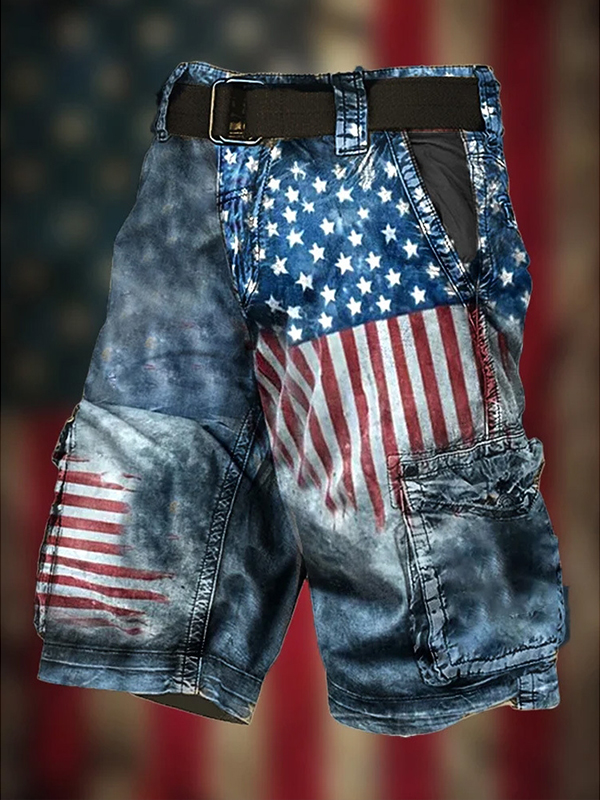 Men's American Flag Tie-Dye Art Print Denim-Like Casual Shorts