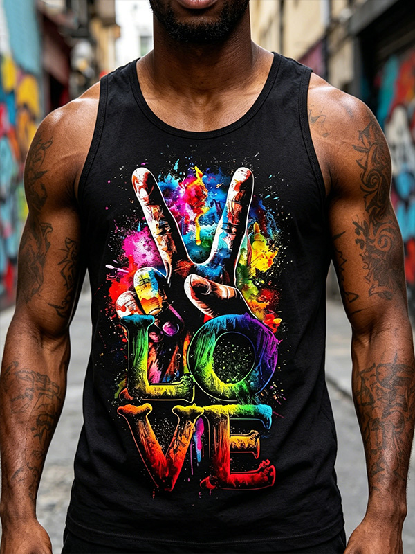 Men's Peace and Love Graffiti Graphic Print Casual Tank Top