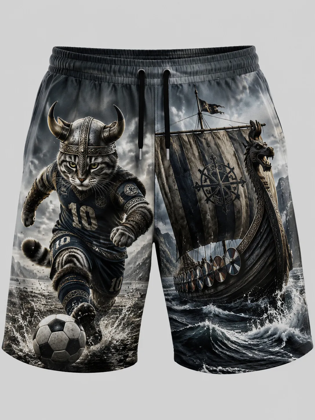 Men's Viking Warrior Cat Football Norway Dragon Ship Art Print Casual Shorts
