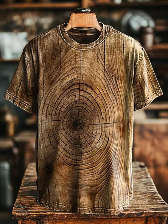 Men's Vintage Wood Grain Print Casual T-Shirt