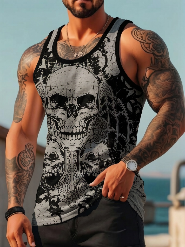 Men's Dark Skeleton Art Print Tank Top