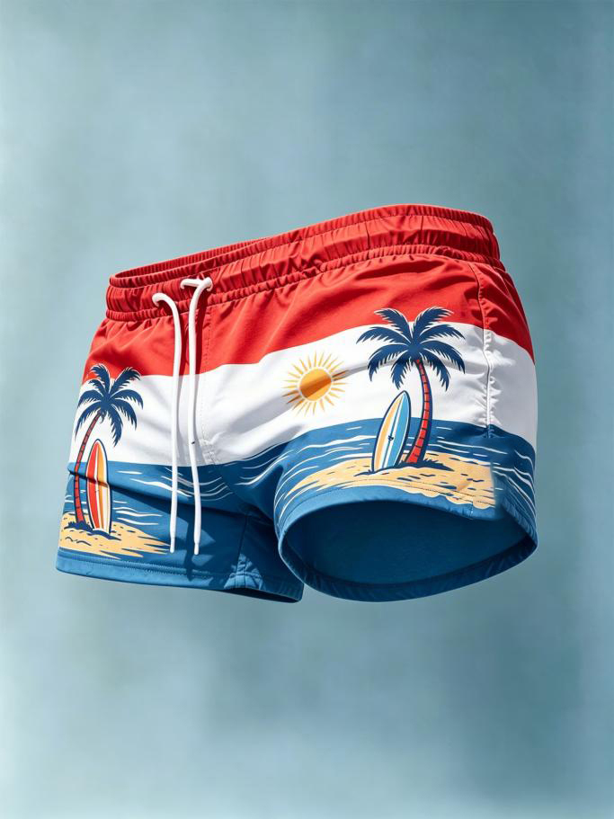 Men's Vacation Style Palm Tree Surfboard Print Casual Shorts