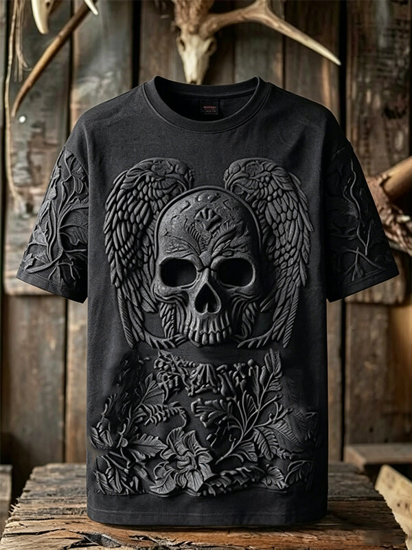 Men's Vintage Black Skull With Angel Wings Embossed Gothic Floral Print T-Shirt