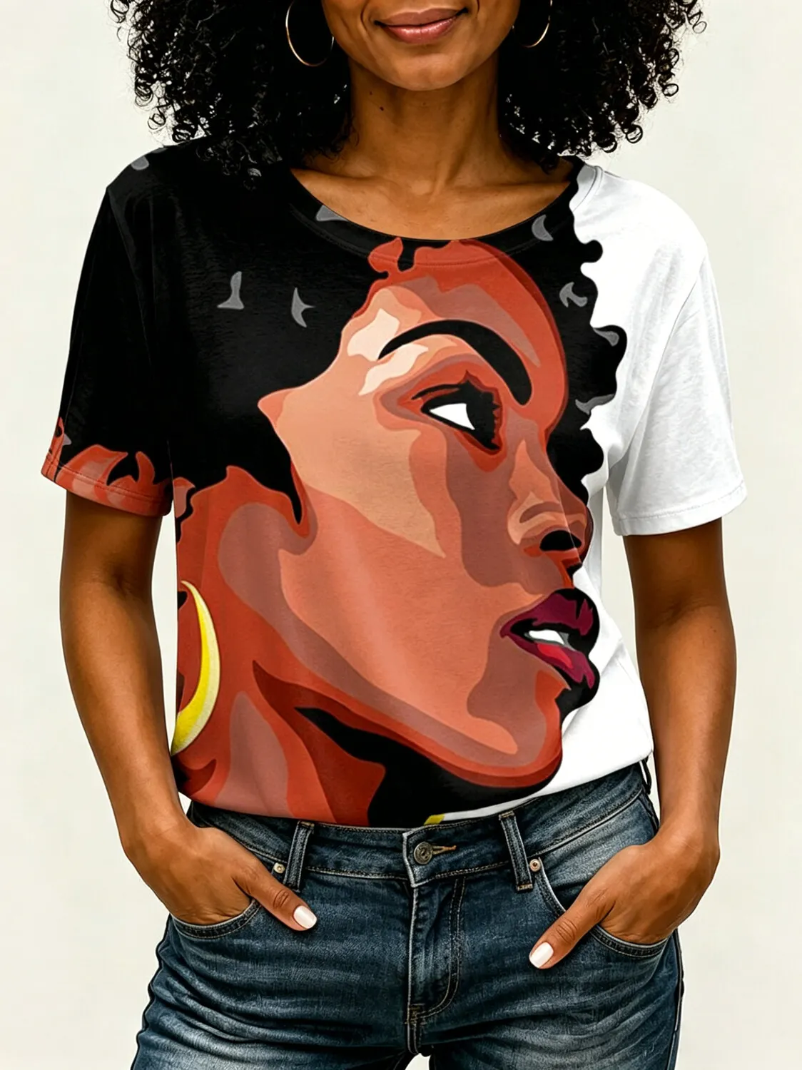 Women's Color Block Abstract African Lady Face Art Print Casual T-Shirt