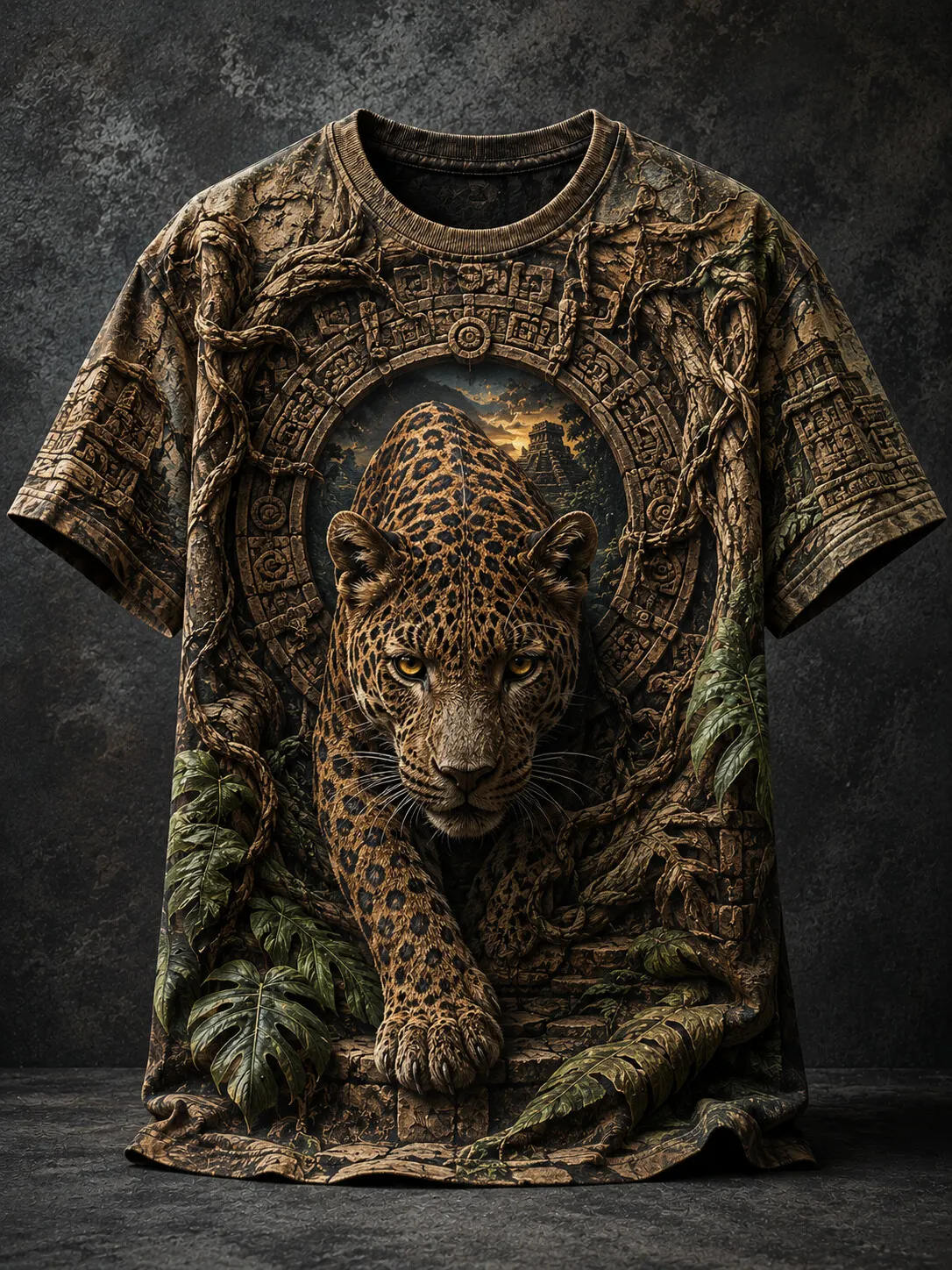Men's Jaguar Ancient Aztec Totem Jungle Vines Print Casual T-Shirt