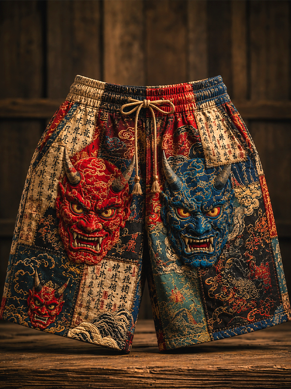 Men's Japanese Hannya Mask Calligraphy Art Print Casual Shorts