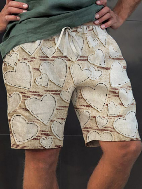 Men's Fun Heart Stripes Art Print Casual Shorts