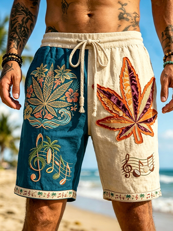 Men's Vacation Music Notes And Hippie Marijuana Leaf Patchwork Art Print Casual Shorts