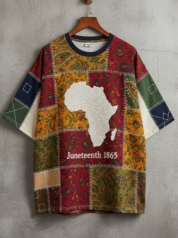 Men's Map of Africa Juneteenth Paisley Stitching Print Casual T-Shirt