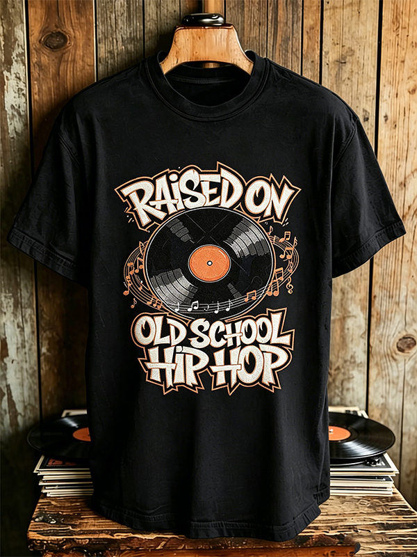 Men's Raised On Old School Hip Hop Vinyl Record Print Cotton Casual T-Shirt
