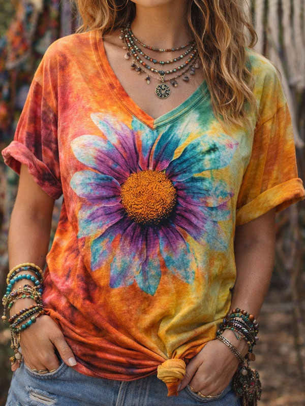 Women's Tie-Dye Sunflower Print Casual T-Shirt