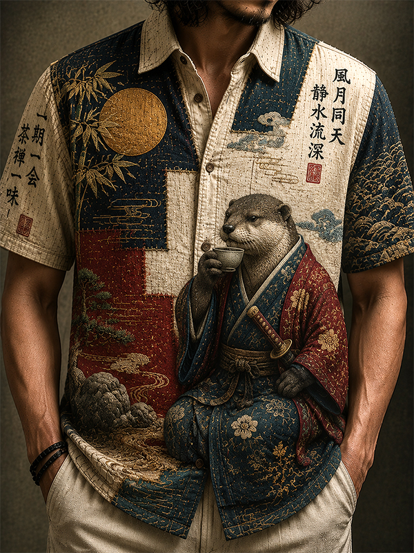 Men's Ukiyo-E Style Otter Tea Ceremony Print Short Sleeve Shirt