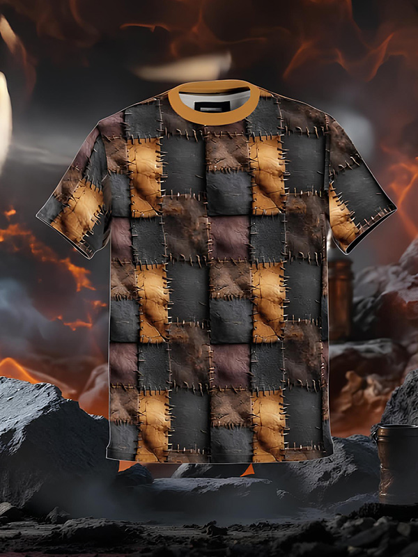 Men's Patchwork Distressed Colorblock Art Print T-Shirt
