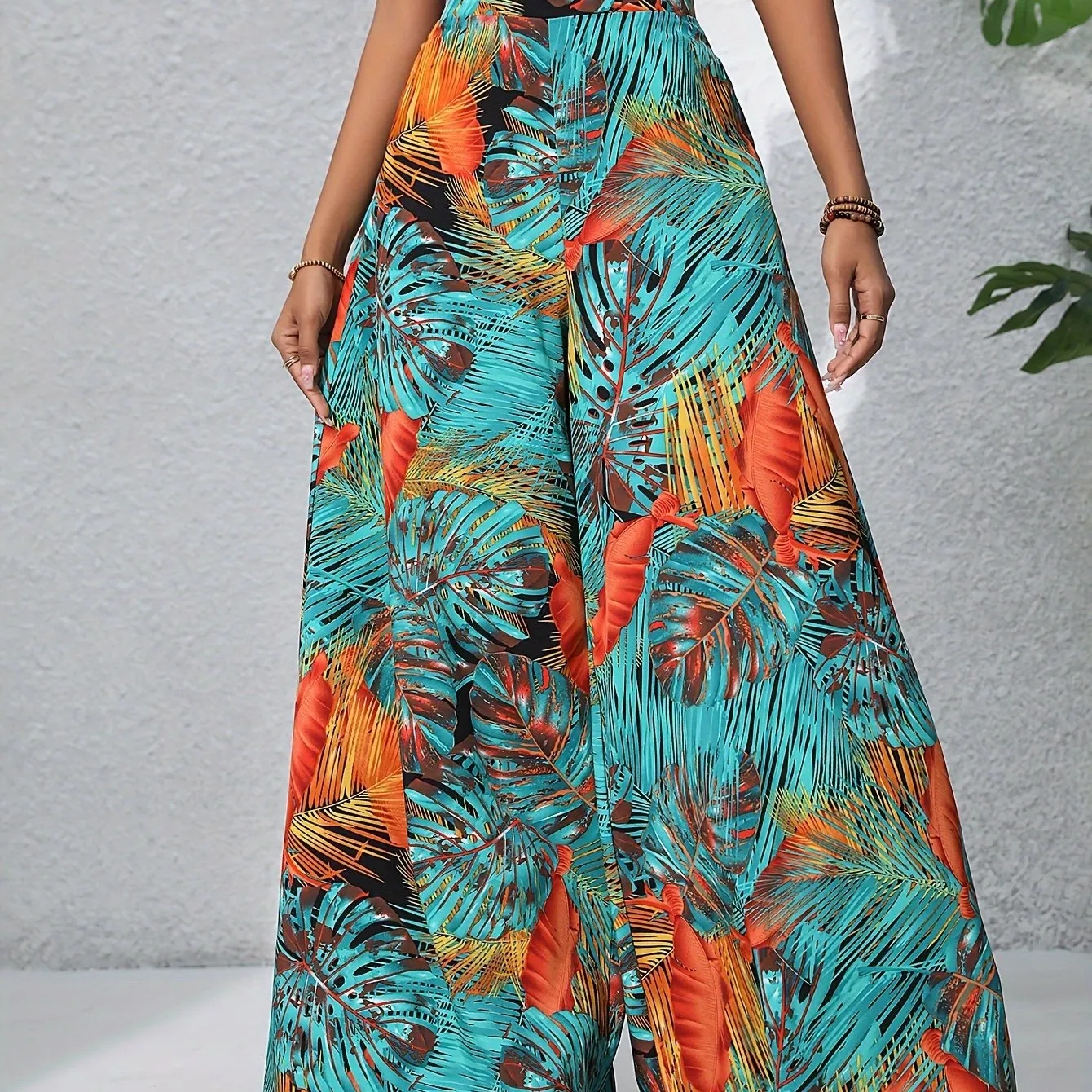 Boho Plants Print Pants, Casual High Waist Elastic Wide Leg Summer Beach Palazzo Pants, Women's Clothing