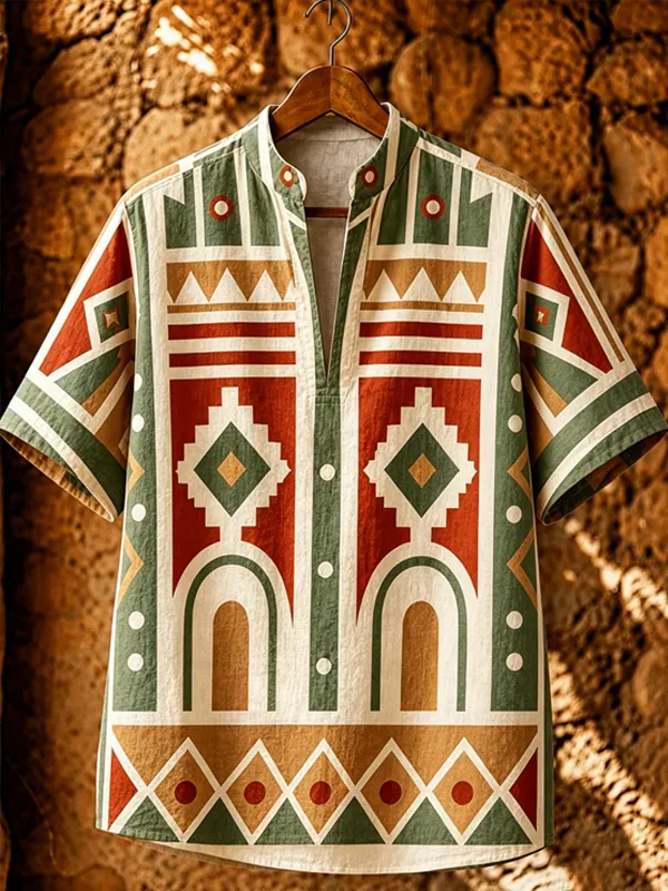 Men's Tribal Aztec Geometric Art Print V Neck T-Shirt