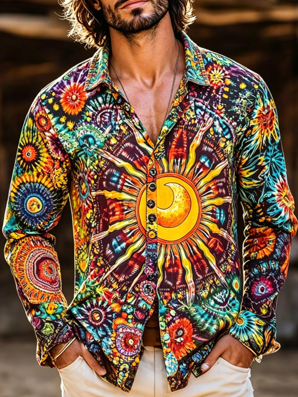 Men's Hippie Psychedelic Art Tie Dye Print Long Sleeve Shirt