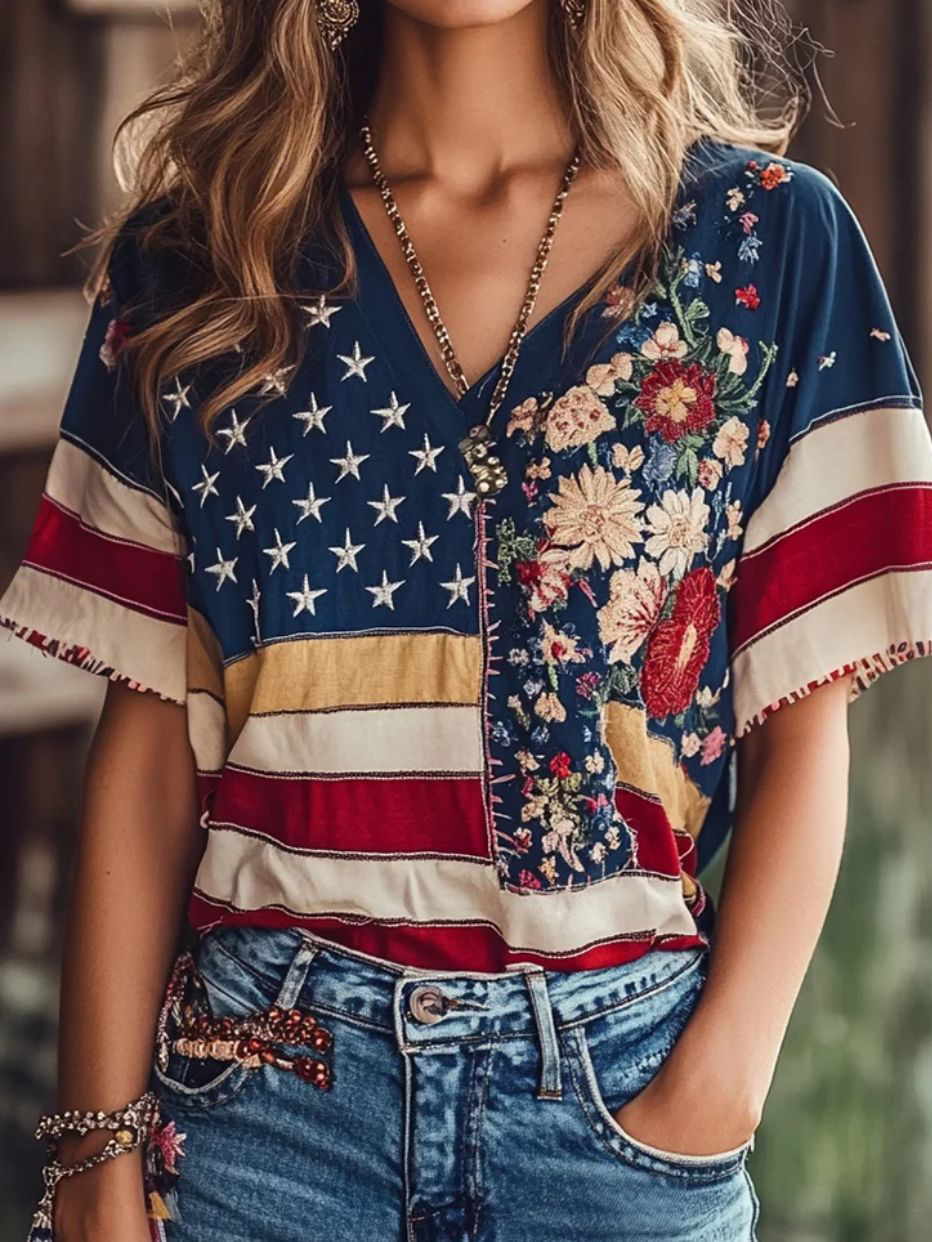 Women's Boho American Flag Floral Patchwork Print V Neck T-Shirt