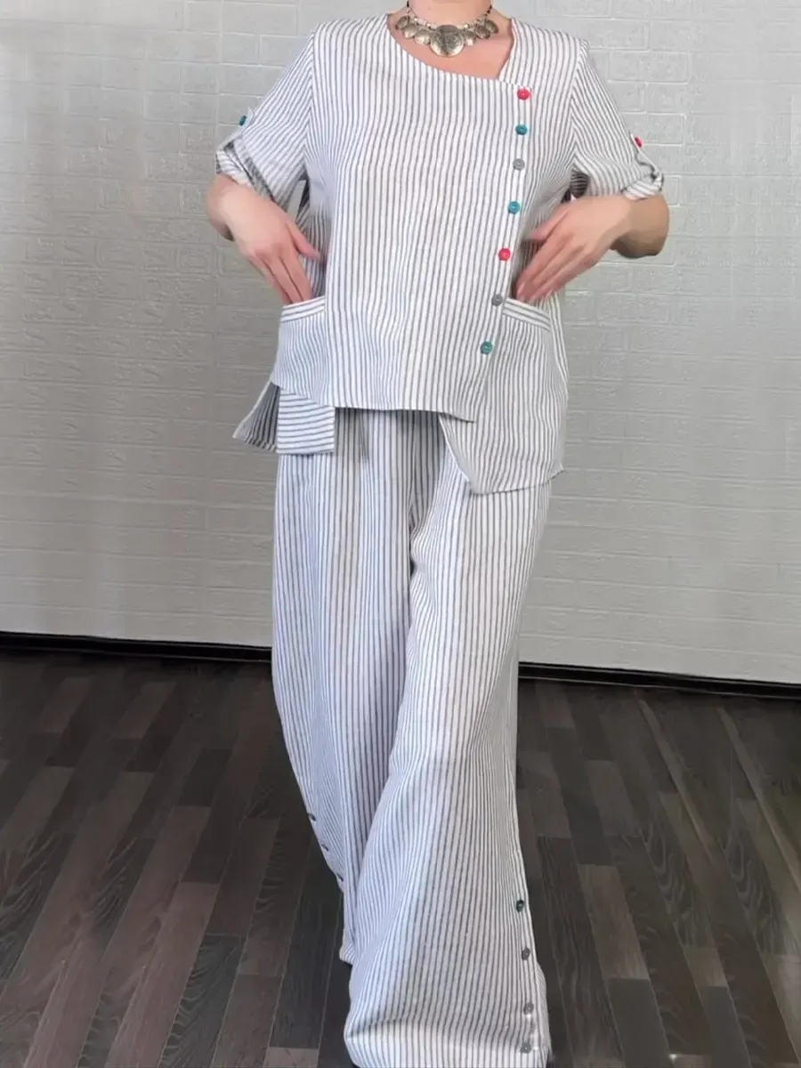 Women's Cozy Striped Linen And Cotton Top And Pants Two-piece Set.