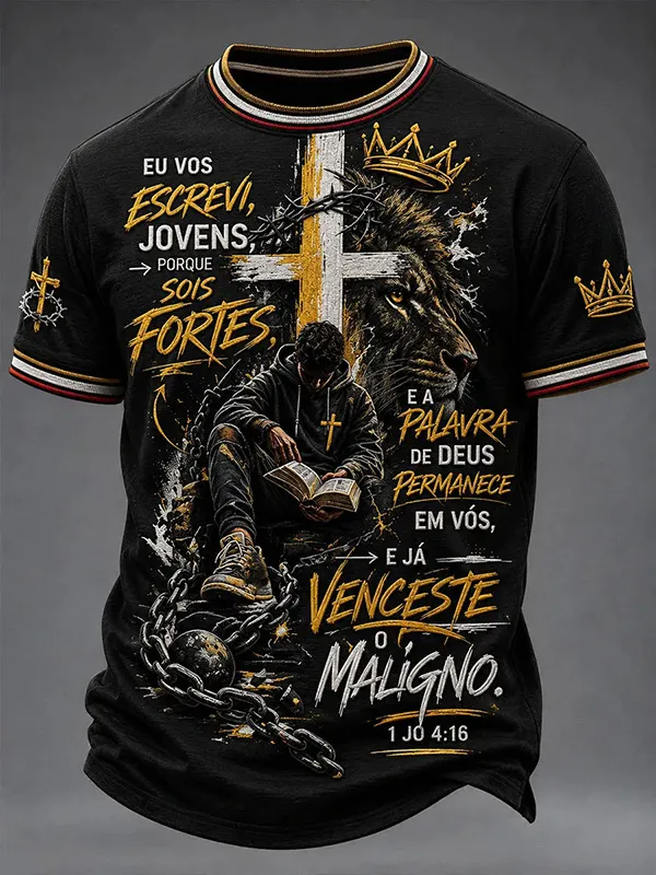 Men's Portuguese Bible Verse Lion Of Judah Cross Crown Print T-Shirt
