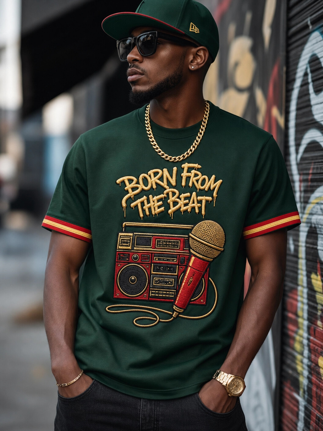 Men's Born From The Beat Retro Boombox Microphone Print Casual T-Shirt