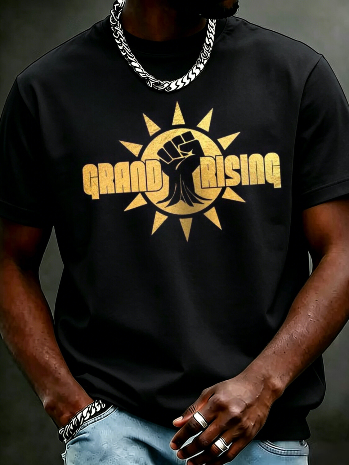 Men's Grand Rising Fist & Sun Gold Print Cotton Casual T-Shirt