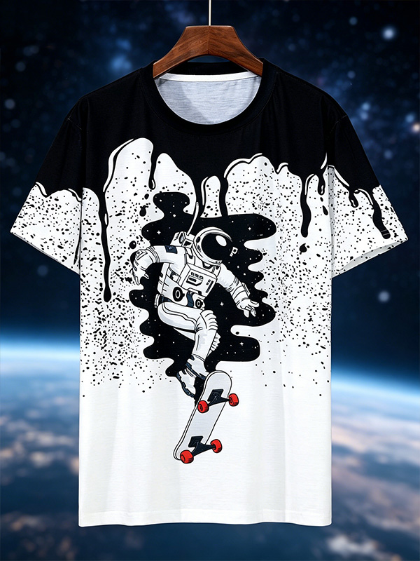 Men's Astronaut and Skateboard Illustration Print Casual T-Shirt