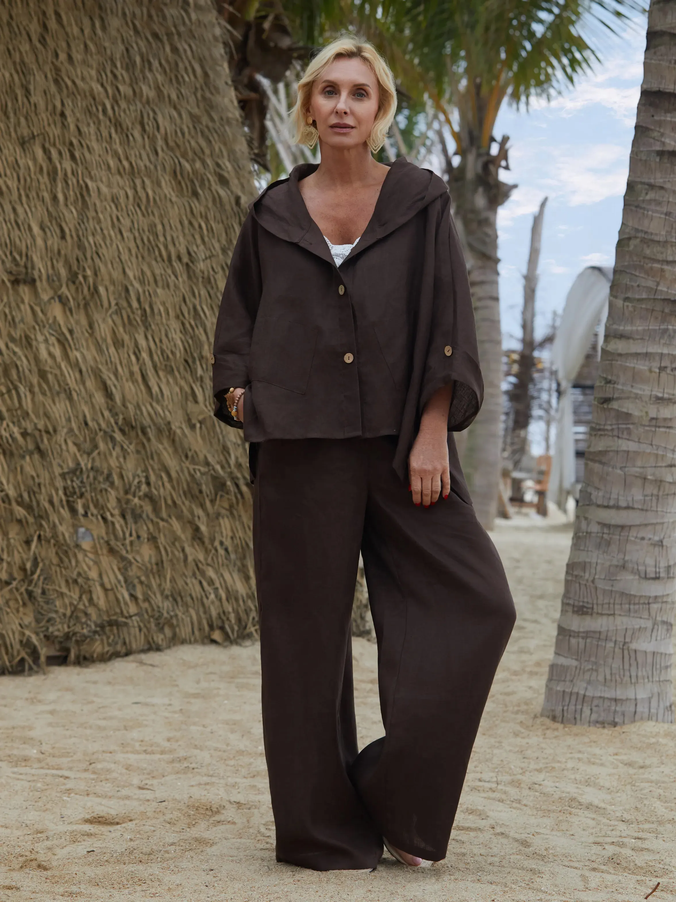 Women's Linen Hooded Jacket and Pats Sets