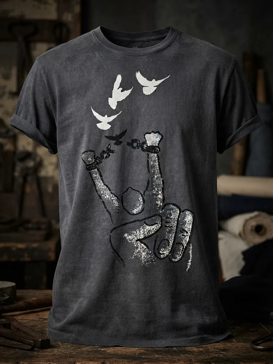 Men's Broken Chains Raised Hands Peace Dove Freedom Vintage Print Cotton Casual T-Shirt