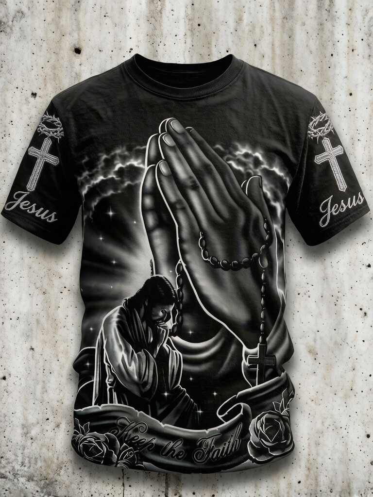 Men's Keep The Faith Praying Hands Jesus Art Print T-Shirt