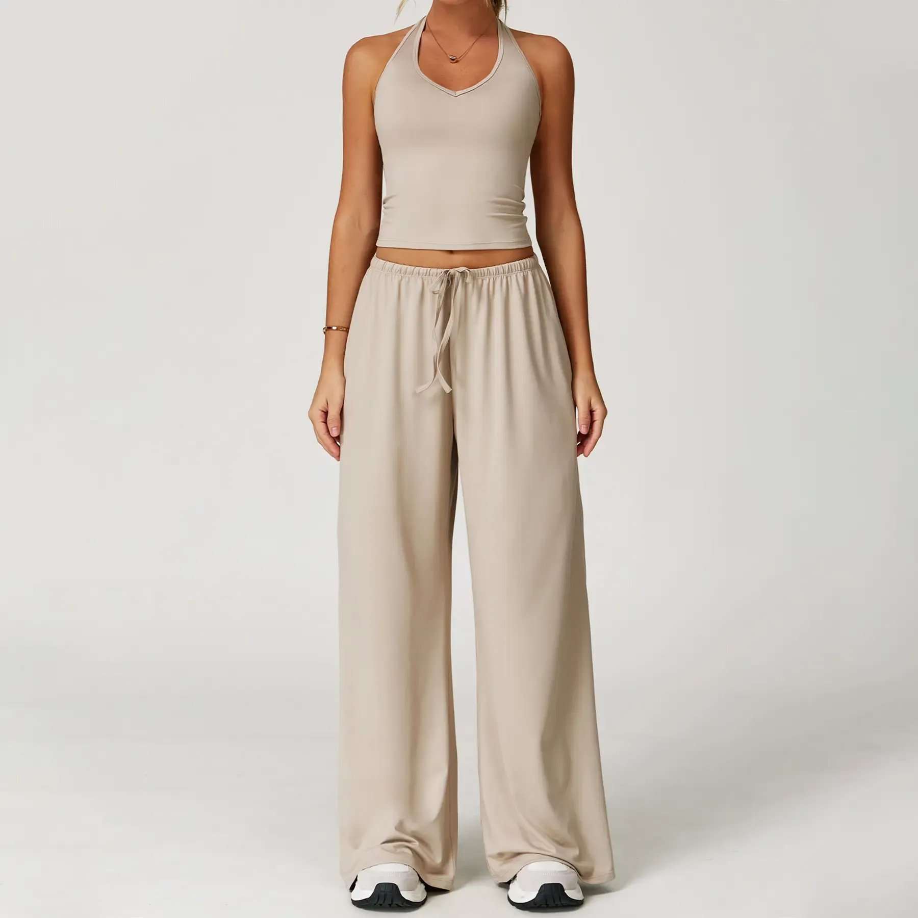 💖Hot 50% OFF✨ Women’s 2-Piece Silk-Like Lounge Set – V-Neck Strappy Top & Wide Leg Pants
